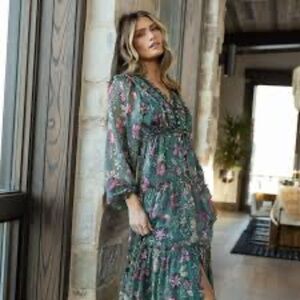 Bohme Hippie Peasant Boho Long Maxi Tiered Dress Women XS Green Floral Western